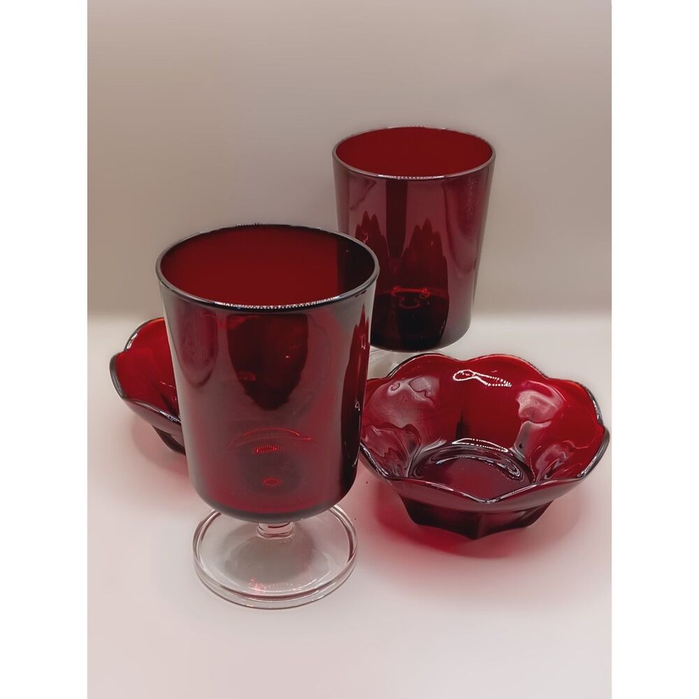 Cristal D'Arques-Durand Water Goblet Cavalier Ruby Glass, Finger Bowls Set of 2